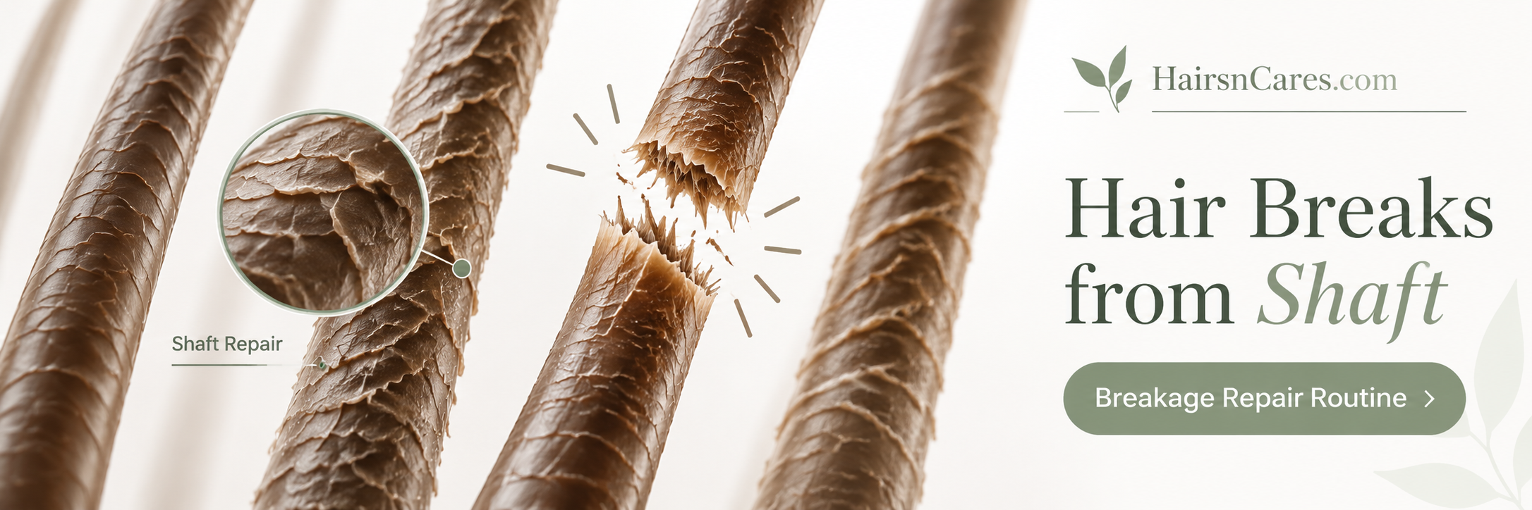 Hair shaft breakage showing rough cuticles and a strand snapping at mid-length