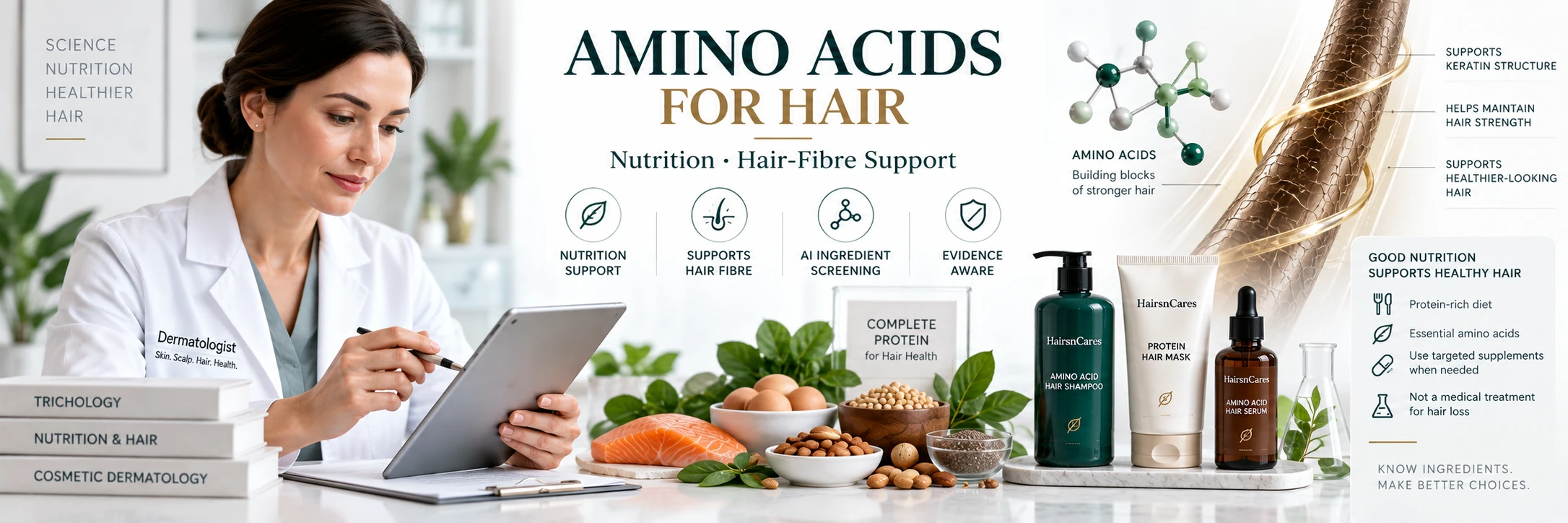 Amino Acids for Hair — Nutrition & Hair-Fibre Support Guide Dermatologist-reviewed amino acids for hair guide showing protein-rich foods, amino acid hair products, molecular structure and hair-fibre support with evidence-aware guidance.