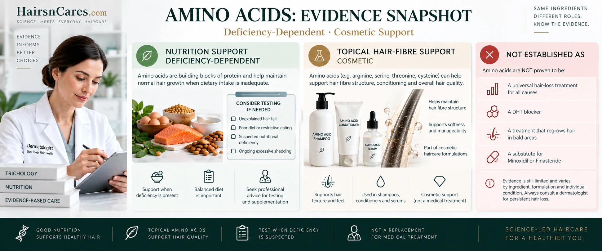 Amino Acids for Hair — Evidence, Nutrition & Cosmetic Hair-Fibre Support Evidence snapshot for amino acids in haircare showing deficiency-dependent nutrition support, cosmetic hair-fibre benefits and limitations for treating medical hair loss.