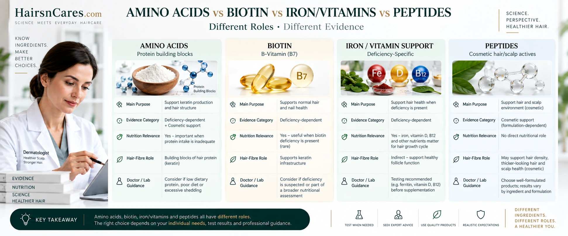 Amino Acids vs Biotin vs Iron/Vitamins vs Peptides for Hair Amino acids vs biotin vs iron and vitamins vs peptides comparison showing differences in purpose, evidence, nutrition relevance, hair-fibre support and doctor or lab guidance.