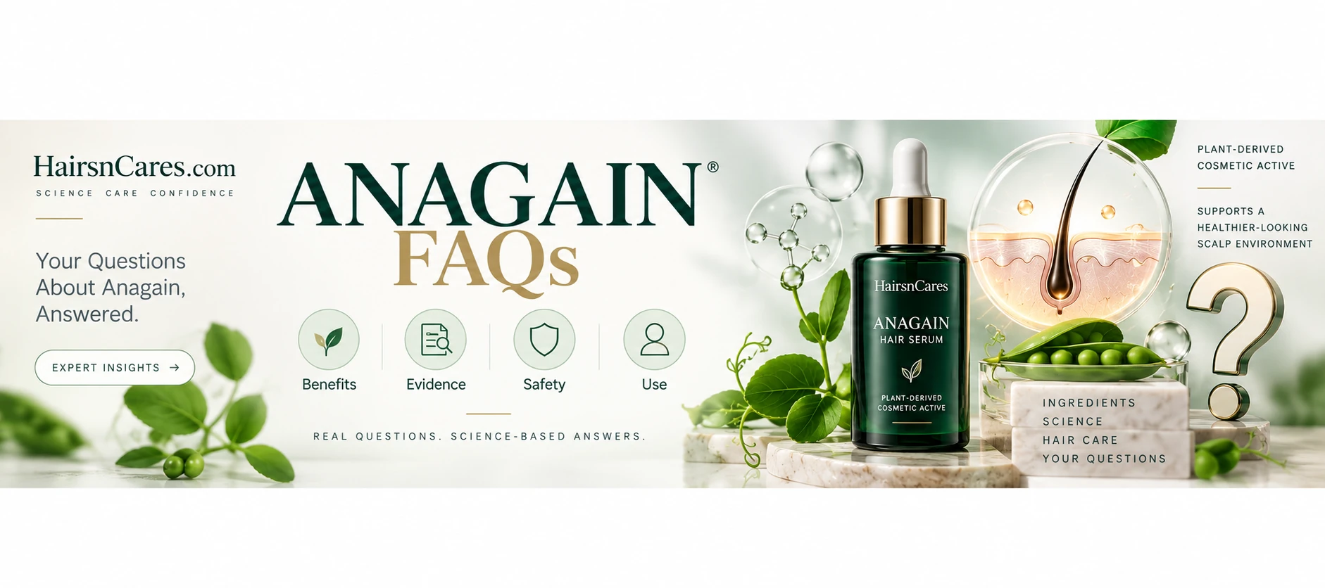Anagain FAQs — Benefits, Evidence, Safety & Hair Serum Use Anagain FAQ banner covering hair serum benefits, evidence, safety, side effects, use and common questions about the cosmetic hair active.