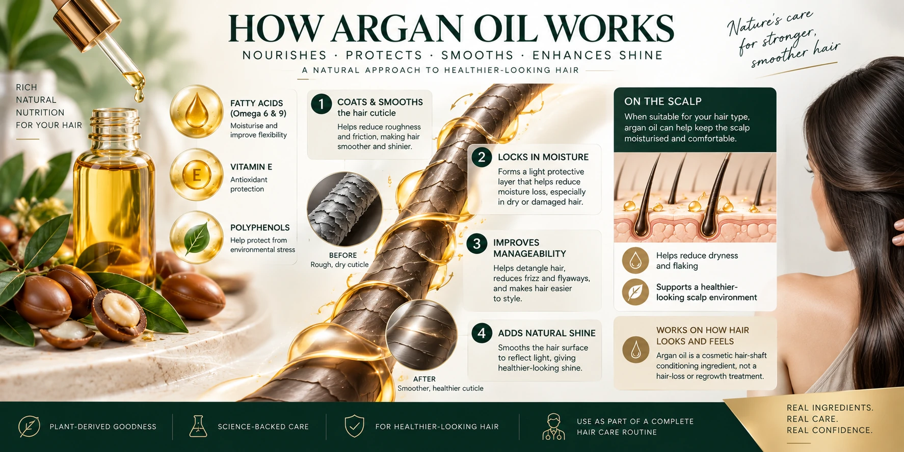 How Argan Oil Works on Hair — Hair Shaft & Scalp Mechanism How Argan Oil works on hair and scalp, illustrated