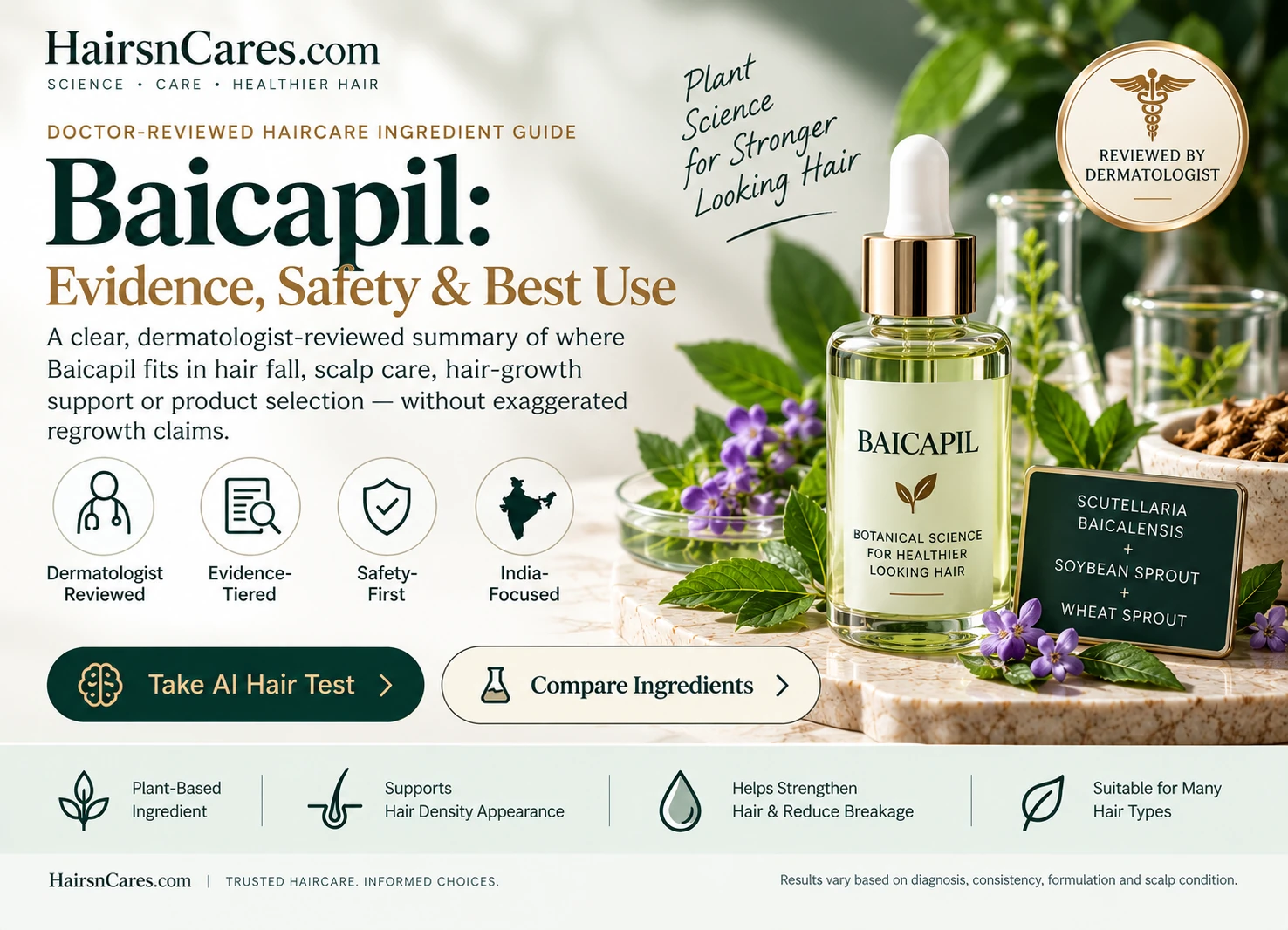 Baicapil for hair dermatologist-reviewed ingredient guide covering evidence, safety, hair fall, scalp care, density support and realistic hair-growth expectations.