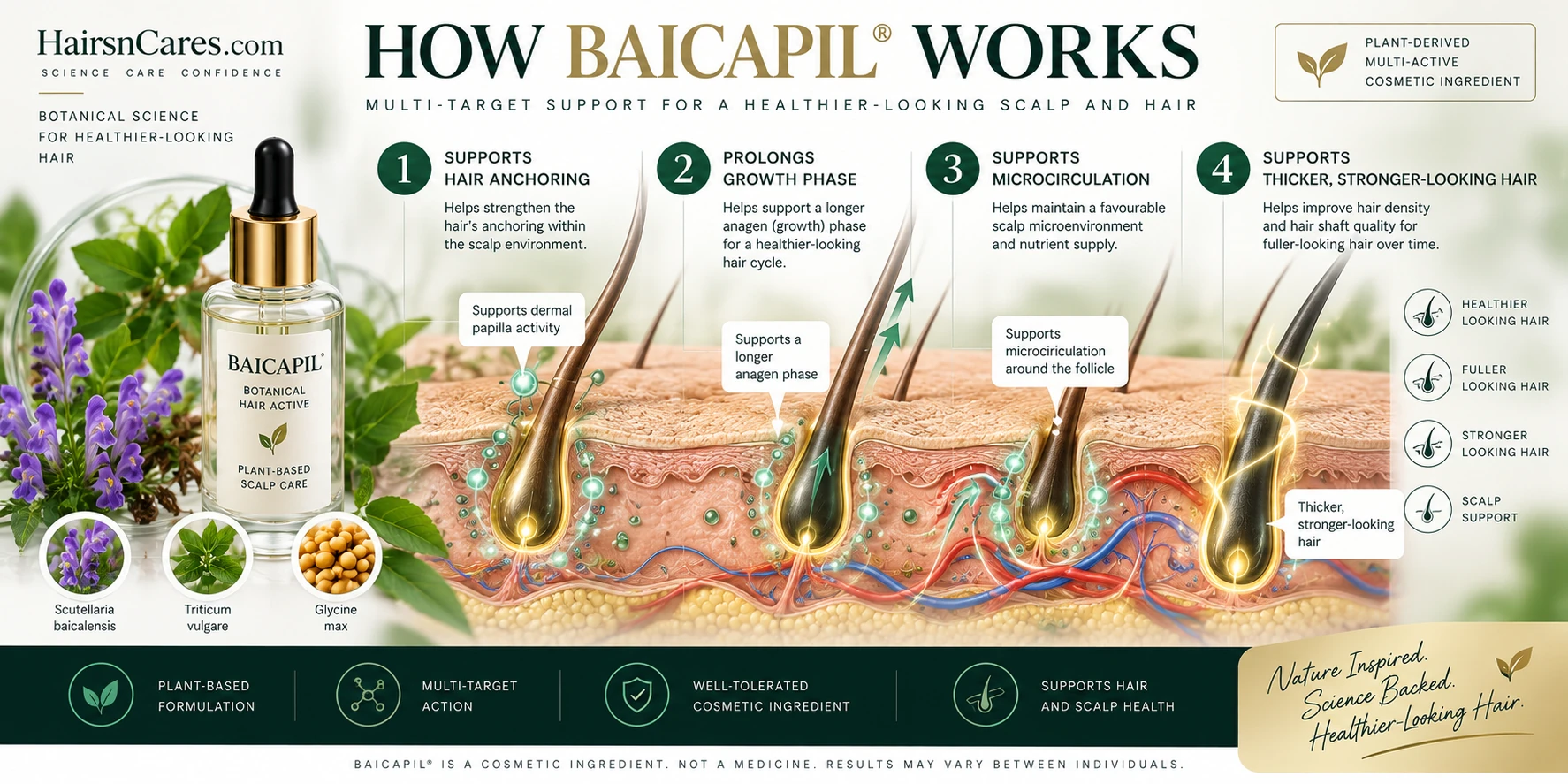 How Baicapil Works — Hair & Scalp Mechanism Explained How Baicapil works on hair and scalp, illustrated with botanical ingredients, scalp follicles and cosmetic hair-support mechanisms.