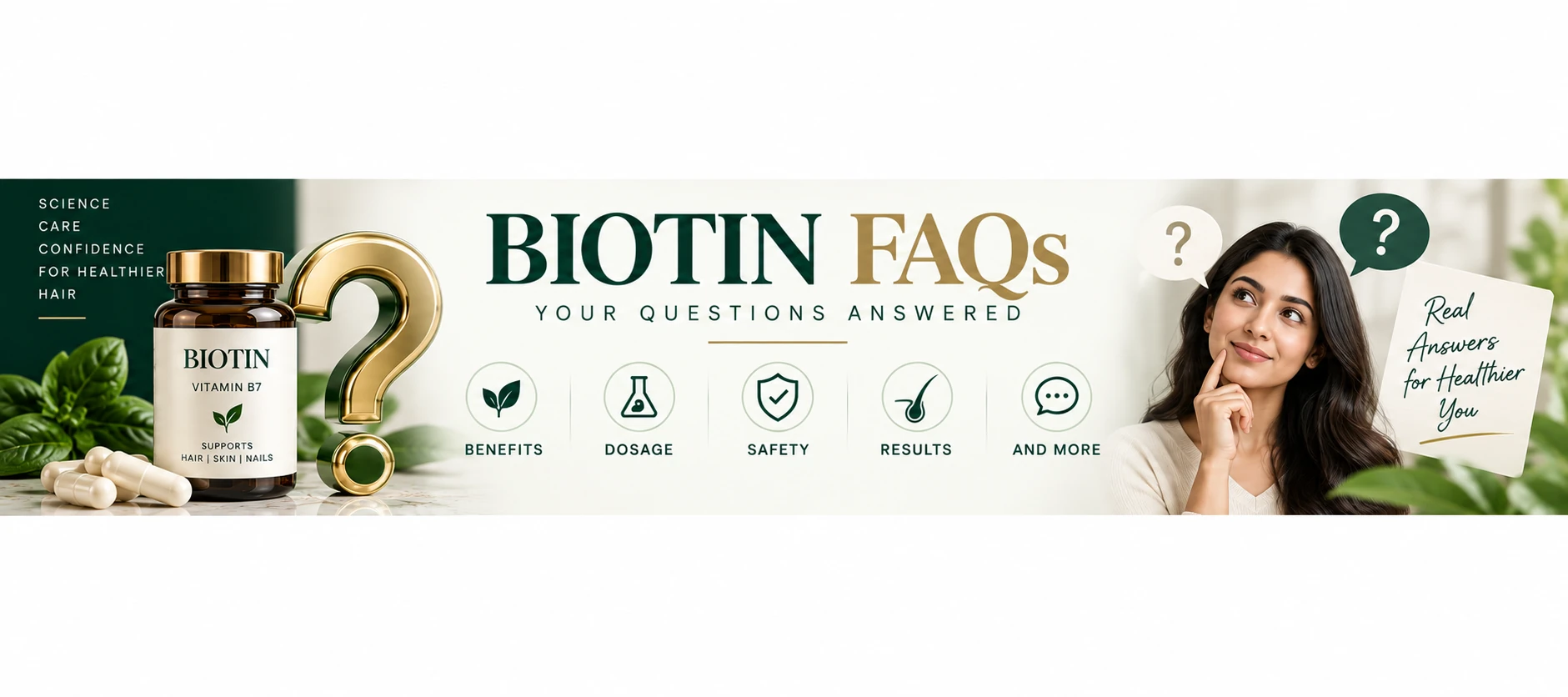 Biotin for hair FAQ banner covering vitamin B7 benefits, dosage considerations, safety, hair-growth evidence, results and common questions.