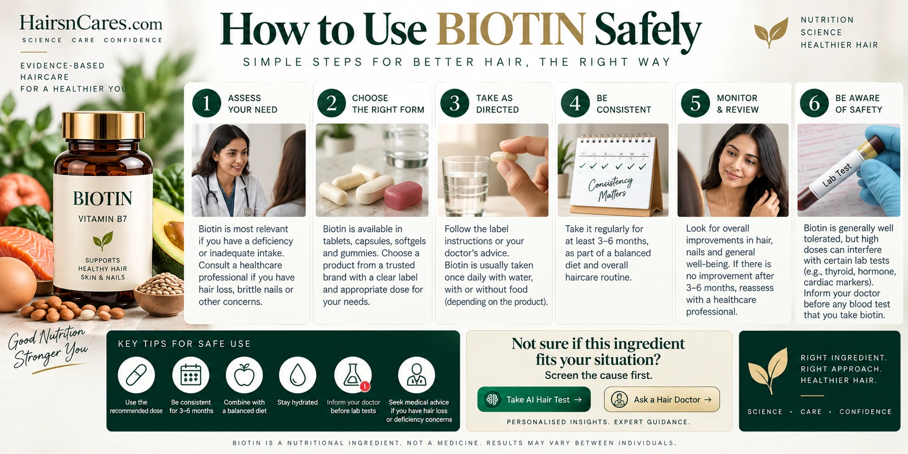 How to use Biotin safely, step by step, including assessing deficiency, following the product label, nutrition, monitoring and lab-test precautions.
