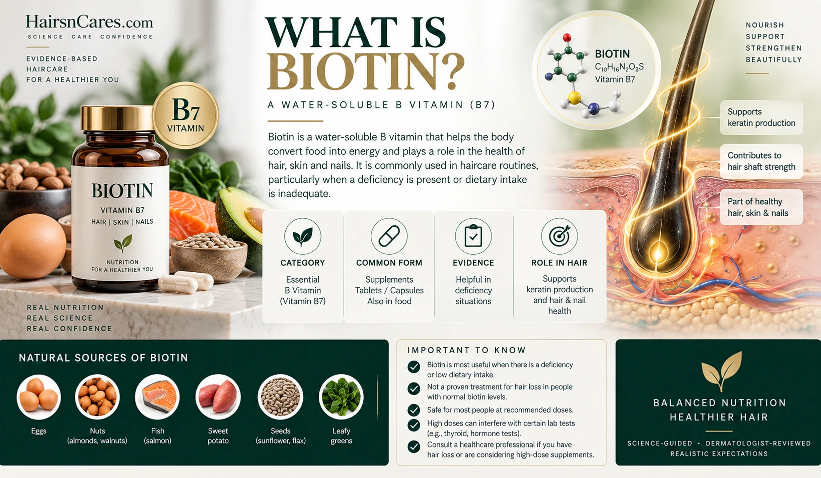 Biotin ingredient overview for haircare, dermatologist-reviewed, showing vitamin B7, dietary sources, supplements, hair relevance and evidence limitations.