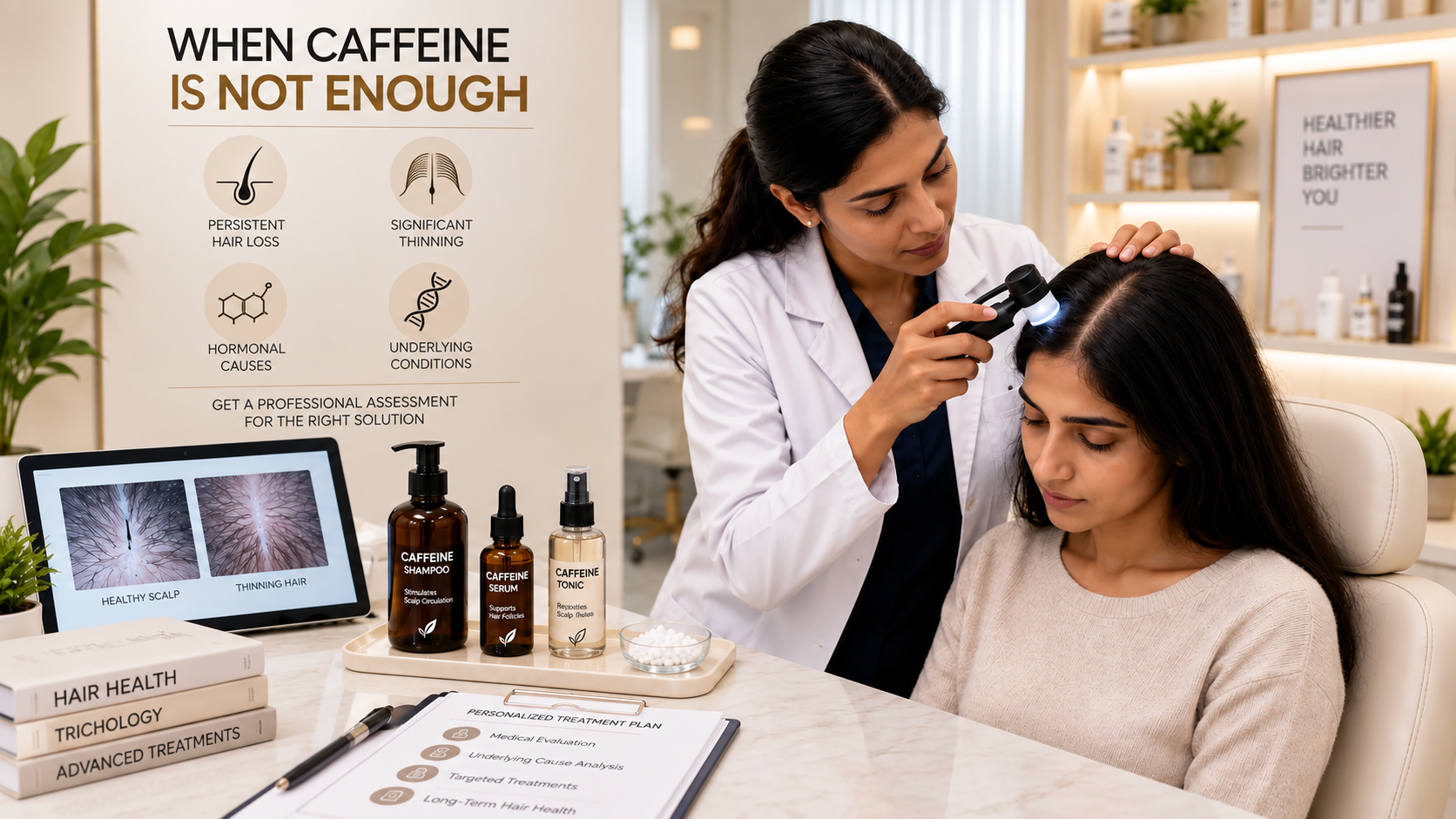 When Caffeine Haircare Is Not Enough Dermatologist examining progressive hair loss before relying on caffeine haircare products