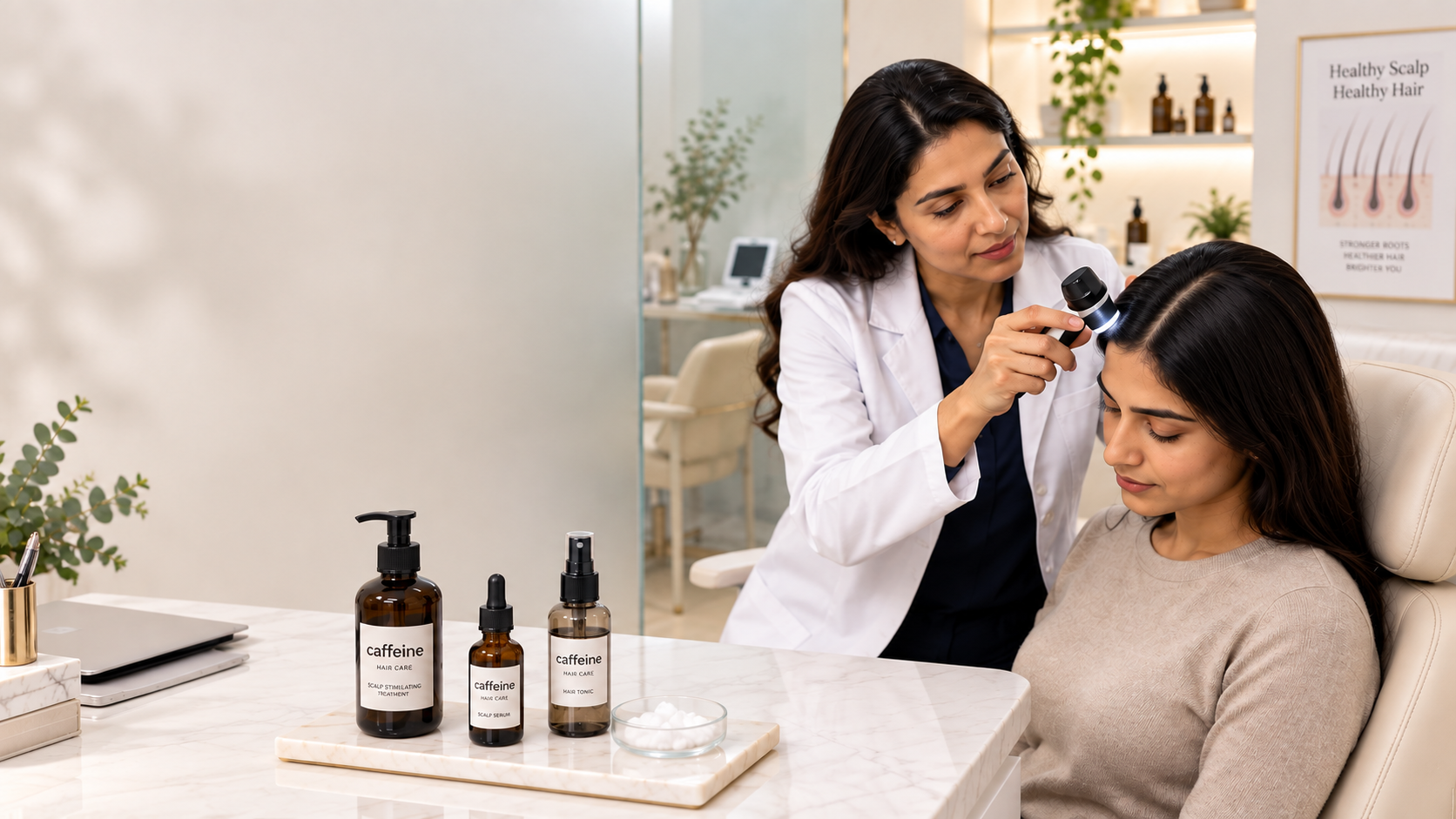 Caffeine for Hair – Dermatologist-Reviewed Cosmetic Support Dermatologist reviewing scalp health before selecting caffeine shampoo or scalp serum