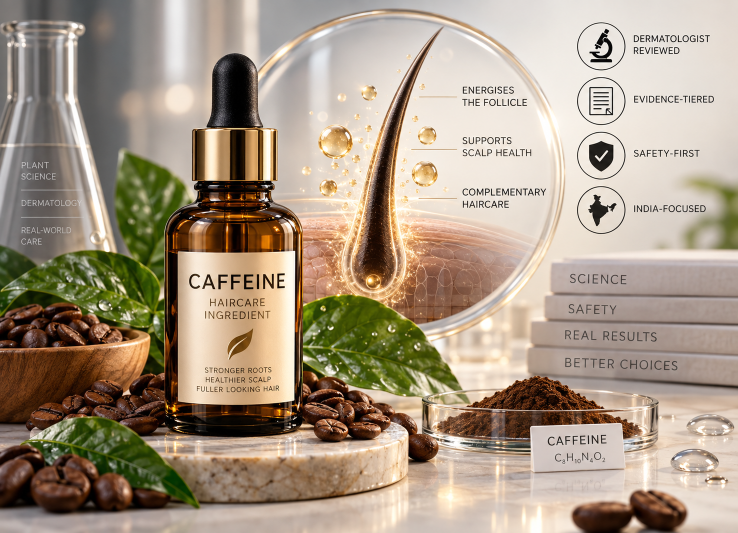 Caffeine haircare ingredient with coffee beans and follicle science for dermatologist-reviewed hair support