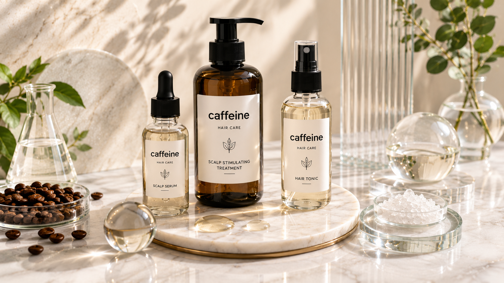 Caffeine Ingredient in Haircare Products Caffeine cosmetic active shown with shampoo serum and hair tonic formats