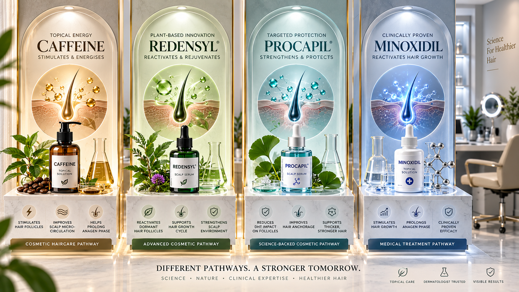 Caffeine vs Redensyl vs Procapil vs Minoxidil Caffeine Redensyl Procapil and Minoxidil represented as different cosmetic and medical hair-loss pathways