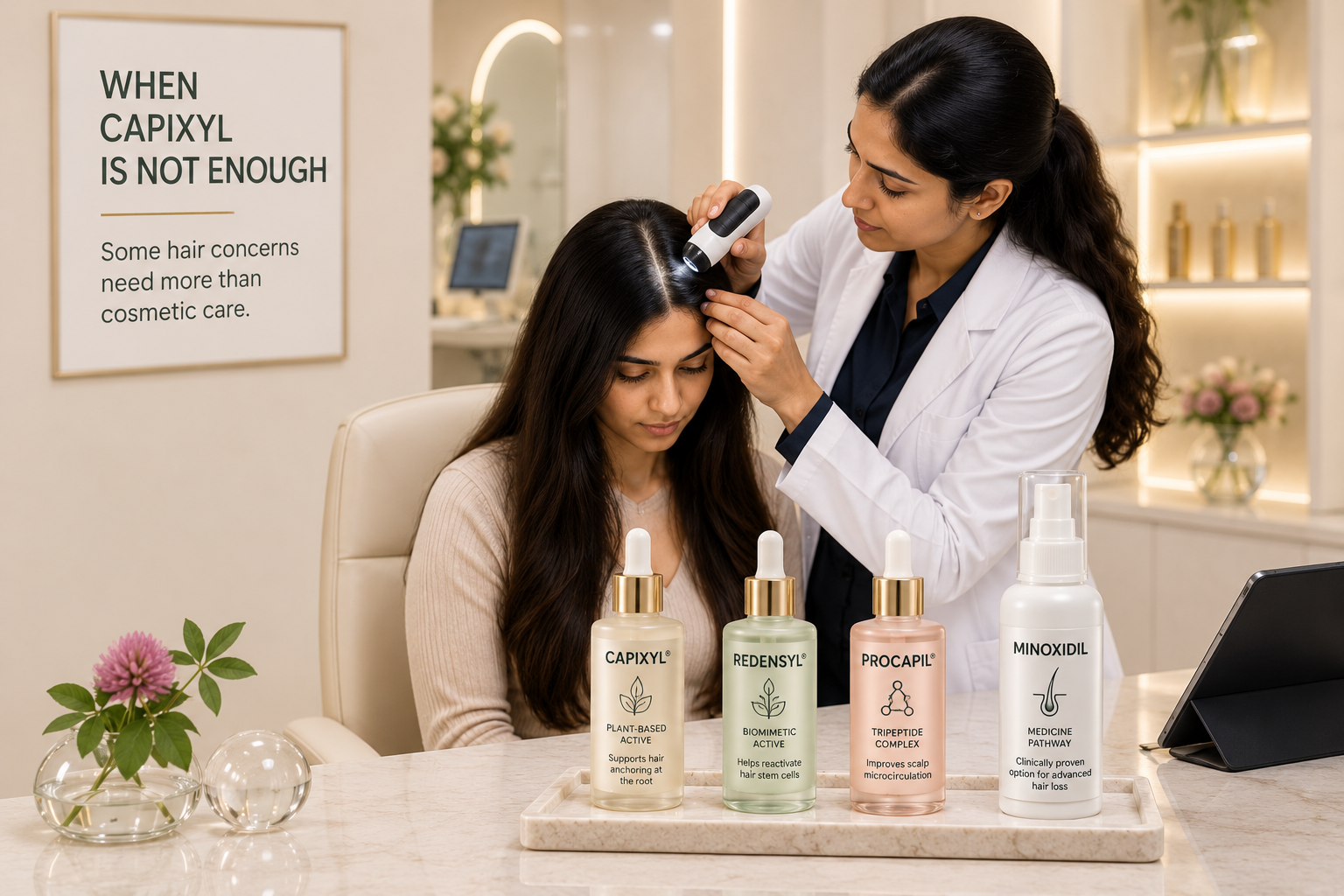 When Capixyl Haircare Is Not Enough Dermatologist examining progressive hair loss before relying on Capixyl cosmetic serum