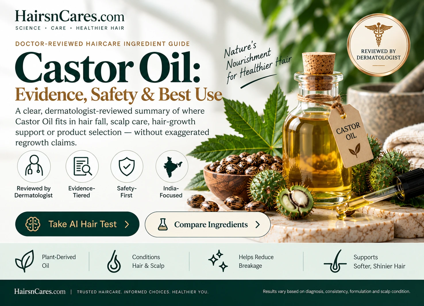 Castor Oil for hair dermatologist-reviewed guide covering evidence, safety, scalp conditioning, hair breakage, softness, shine and realistic hair-growth expectations.