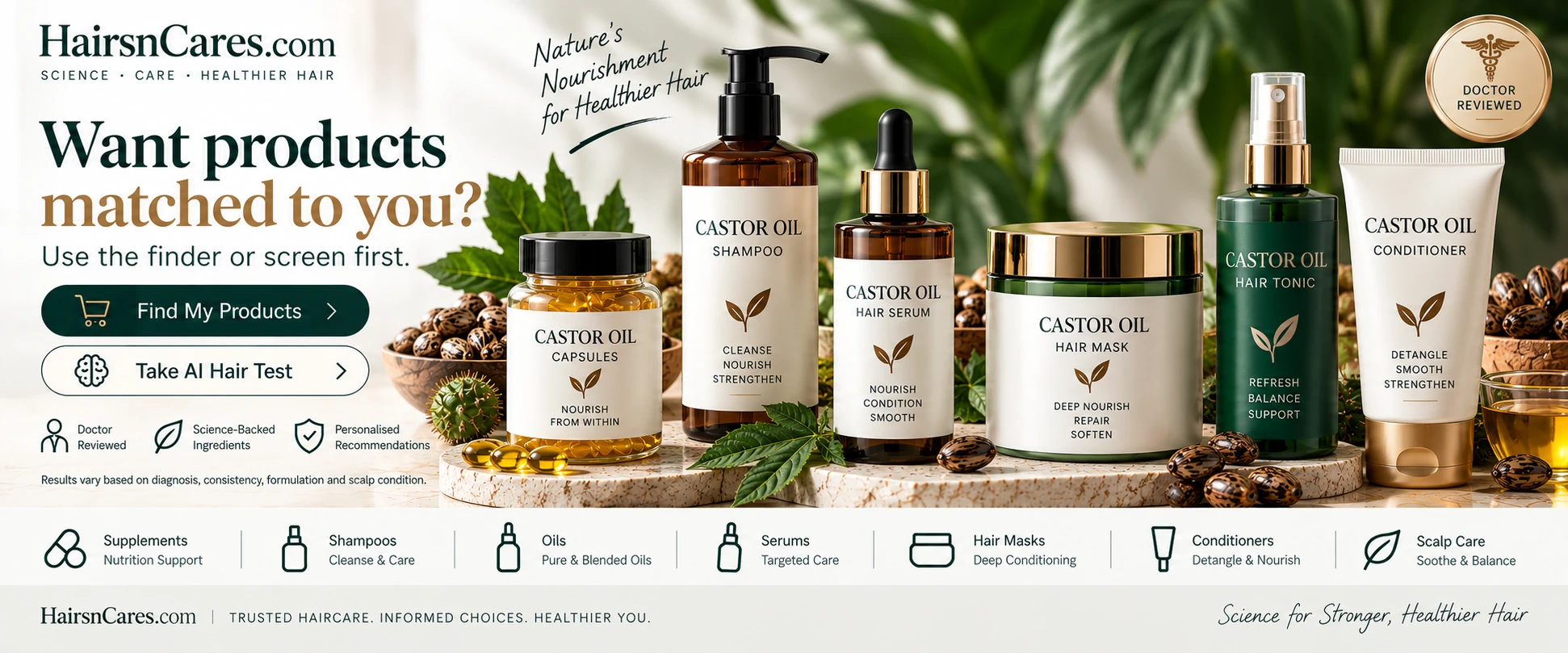 Doctor-reviewed product categories related to Castor Oil including hair oils, shampoos, serums, masks, conditioners and scalp-care products.