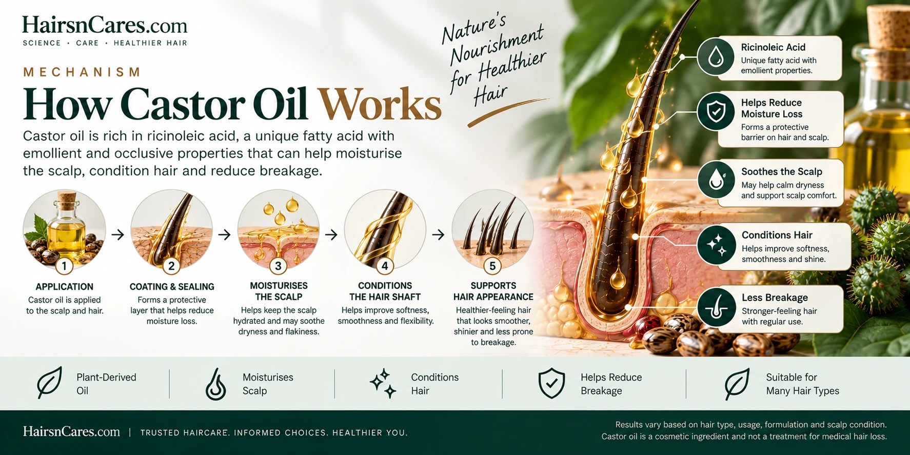 How Castor Oil works on hair and scalp, illustrated with ricinoleic acid, moisture sealing, scalp conditioning, hair-shaft coating and breakage support.