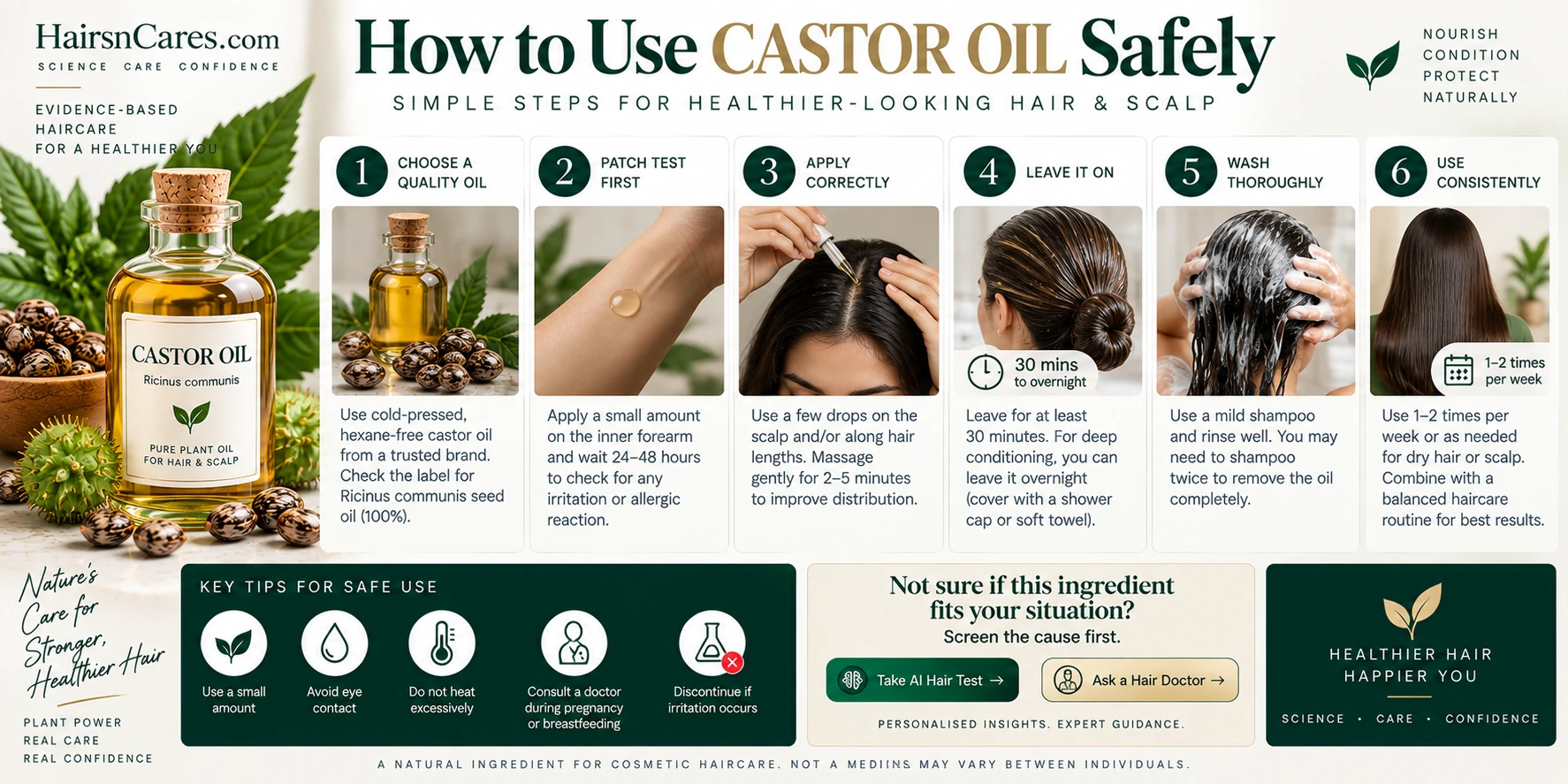 How to use Castor Oil safely, step by step, including product selection, tolerability check, hair and scalp application, washing and irritation precautions.