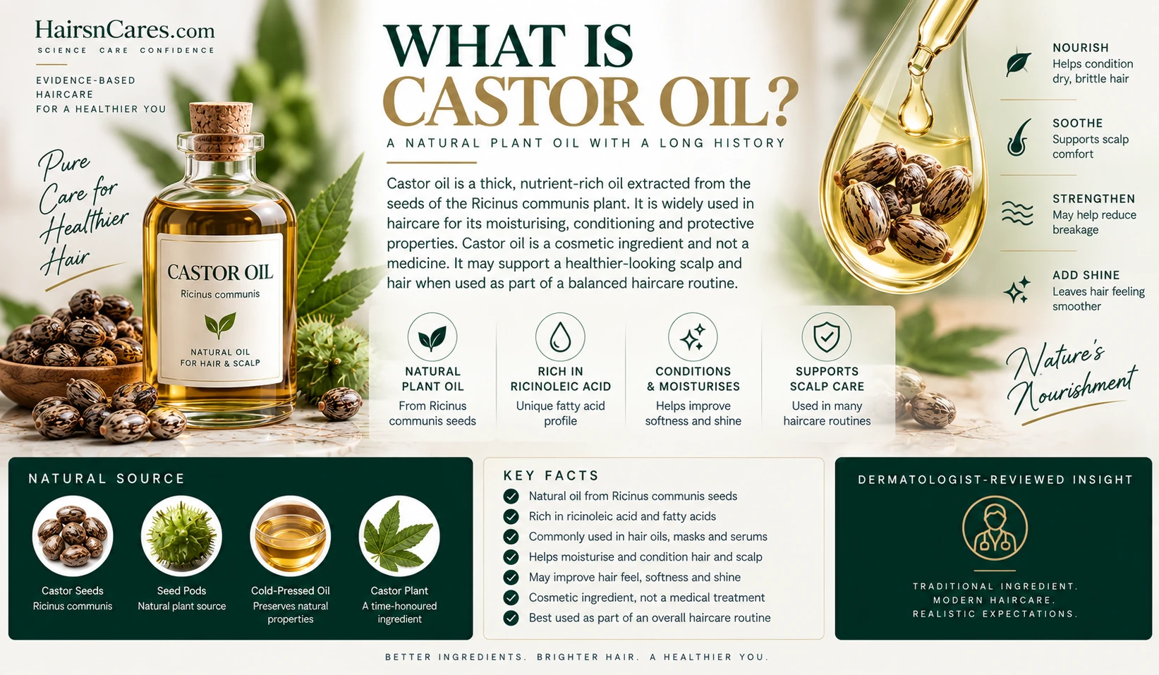 Castor Oil ingredient overview for haircare, dermatologist-reviewed, showing Ricinus communis seeds, ricinoleic acid, cosmetic hair conditioning and scalp-care uses.