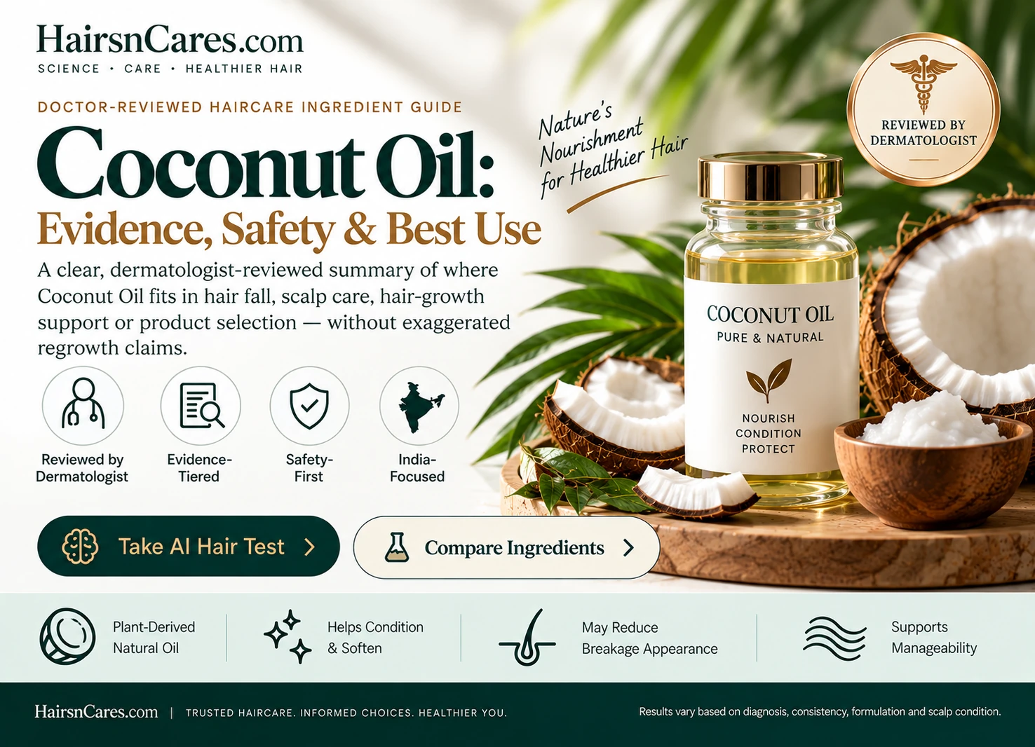 Coconut Oil for hair dermatologist-reviewed guide covering evidence, safety, hair conditioning, protein-loss protection, breakage, dryness and best use.