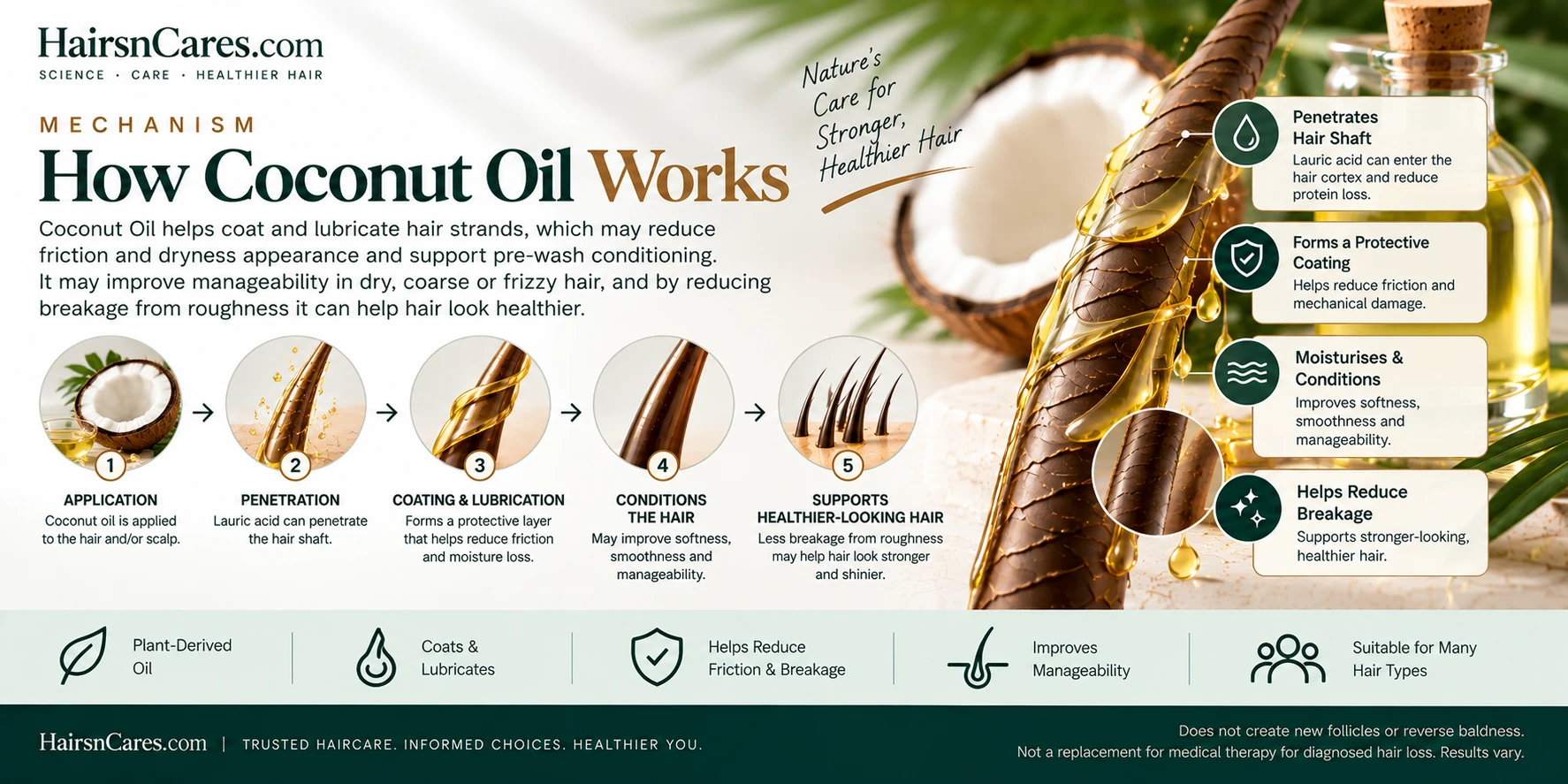 How Coconut Oil Works for Hair — Hair-Shaft Mechanism Explained How Coconut Oil works on hair and scalp, illustrated with lauric acid penetration, hair-shaft coating, lubrication, conditioning and breakage reduction.