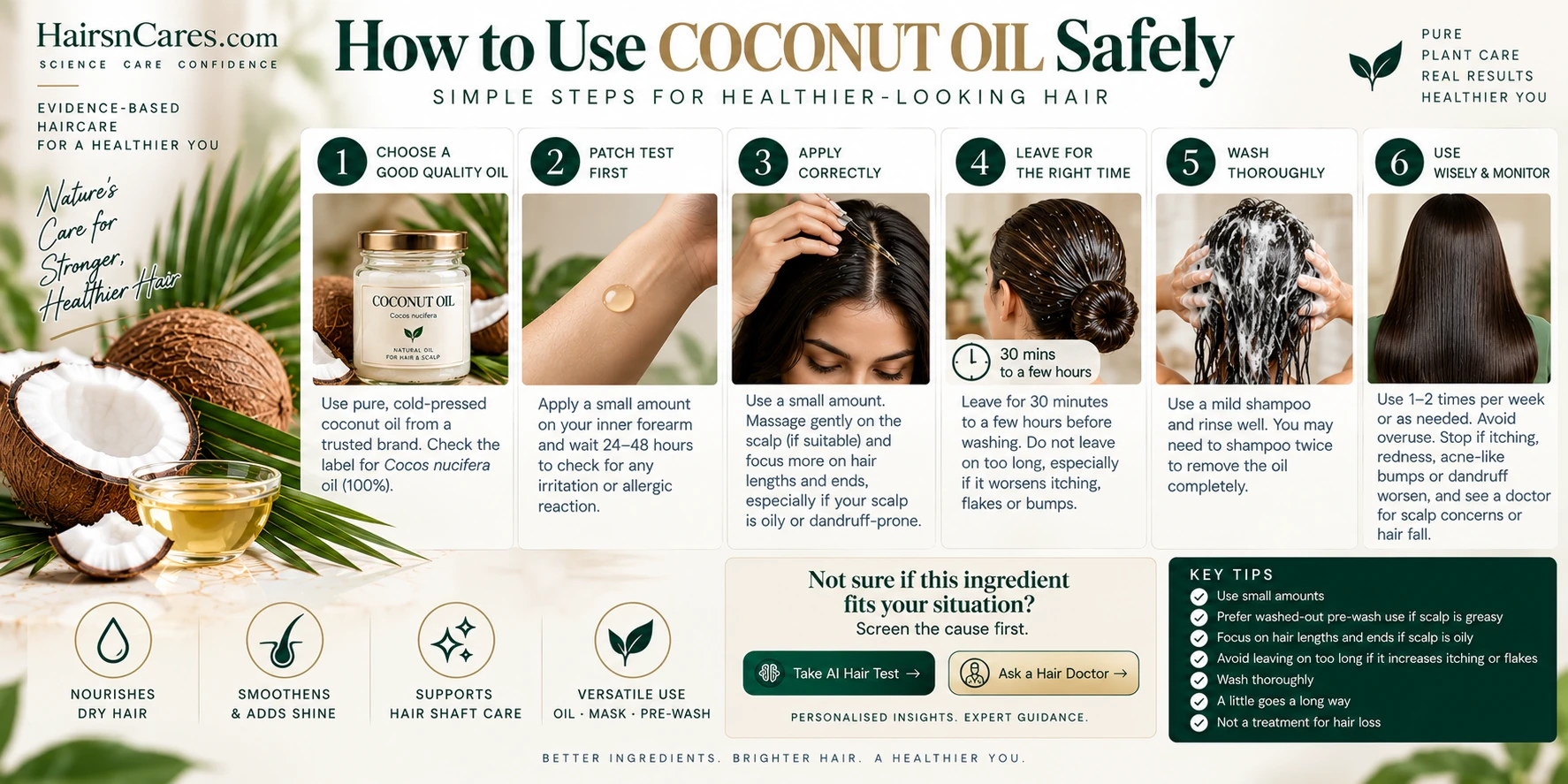 How to Use Coconut Oil Safely — Hair & Scalp Oiling Guide How to use Coconut Oil safely, step by step, including small-amount application, pre-wash use, hair-length oiling, scalp precautions and proper washing.