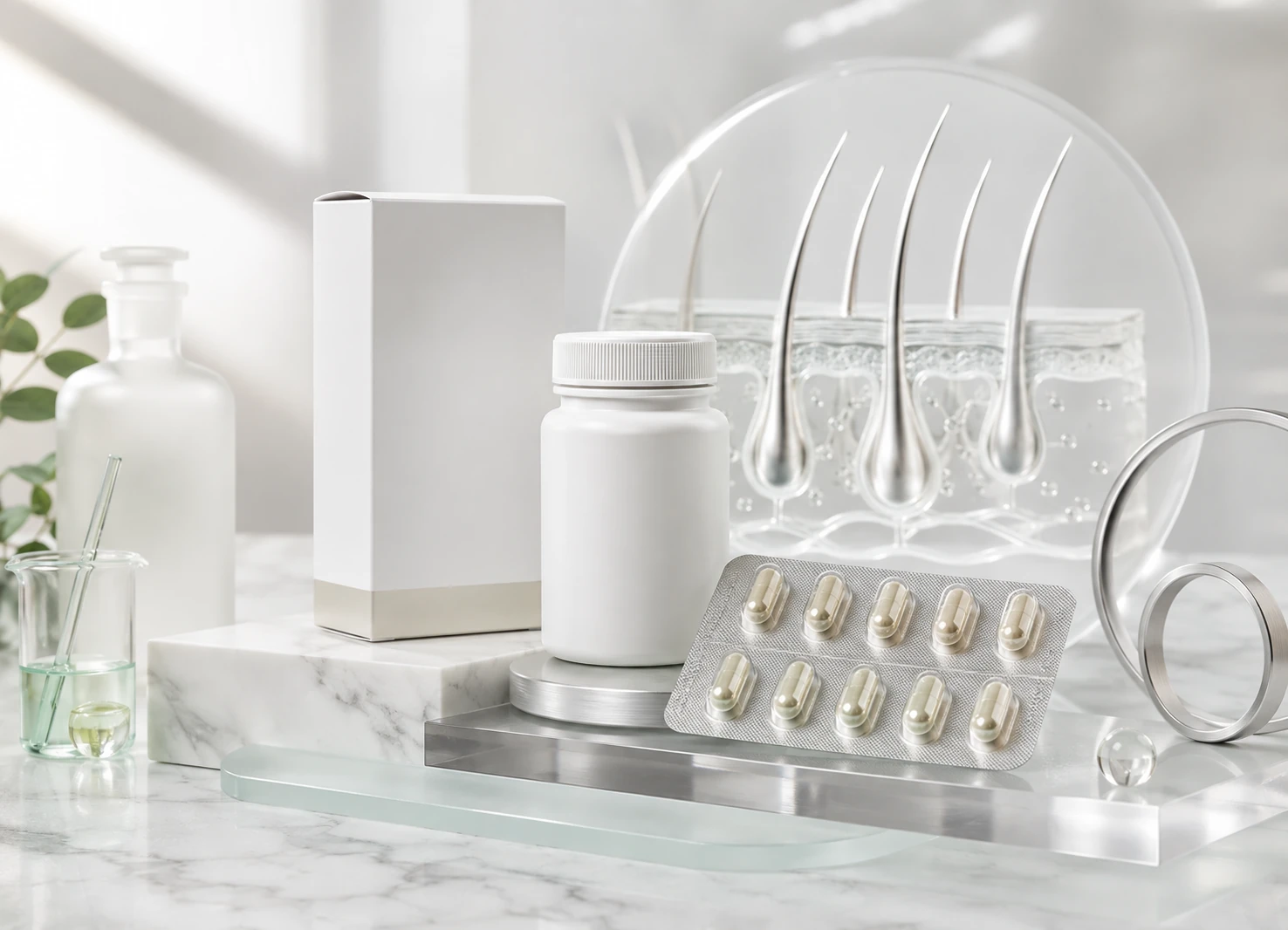Premium Dutasteride ingredient visual with pharmaceutical packaging and clinical hair-science elements.