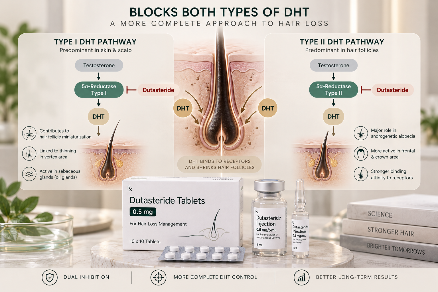 How Dutasteride Works on DHT and Hair Follicles How Dutasteride works by blocking type I and type II 5-alpha reductase in DHT-related hair loss