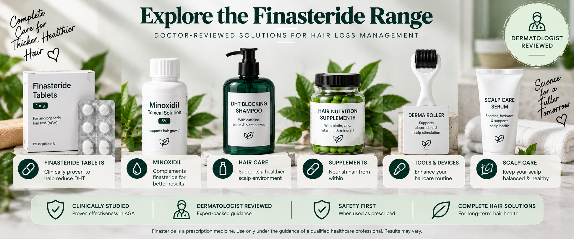 Shop Finasteride Hair Loss Care Range Doctor-reviewed product categories related to finasteride, including hair loss treatments, supplements, scalp care, and haircare.