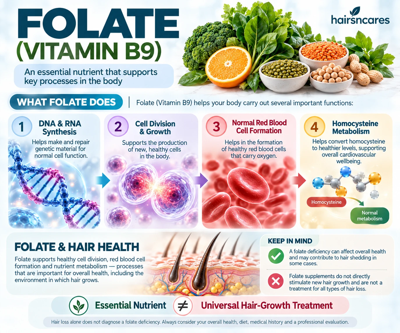 Folate (Vitamin B9) – Biological Functions and Hair Health Folate Vitamin B9 functions showing DNA synthesis cell division red blood cell formation homocysteine metabolism and its relationship with hair health