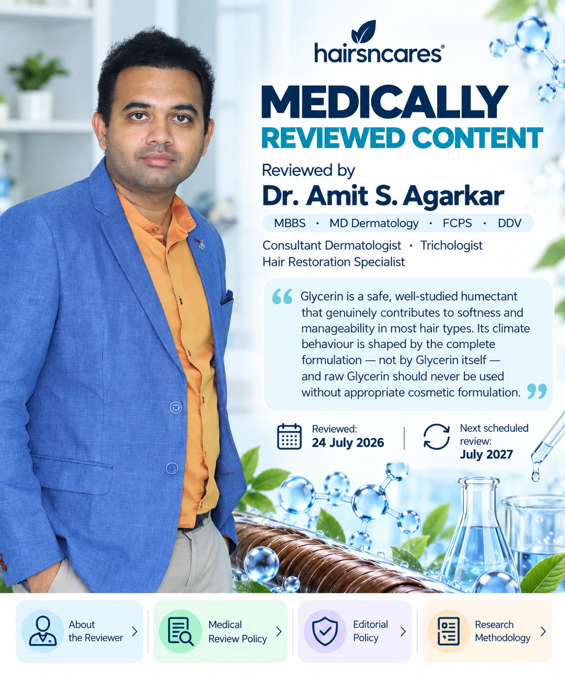 Dr. Amit S. Agarkar – Medical Reviewer for Glycerin Haircare Guide Dr Amit S Agarkar dermatologist and trichologist reviewing HairsnCares content on glycerin for hair and humectant safety