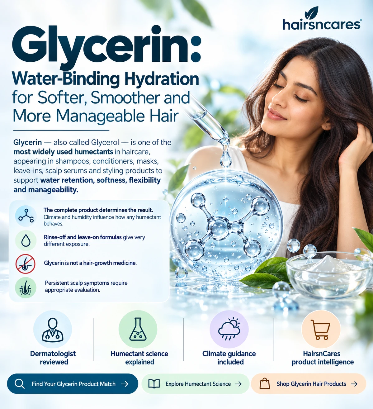 Glycerin for Hair – Water-Binding Hydration, Softness & Manageability Glycerin for hair showing water-binding hydration support for softer smoother and more manageable hair