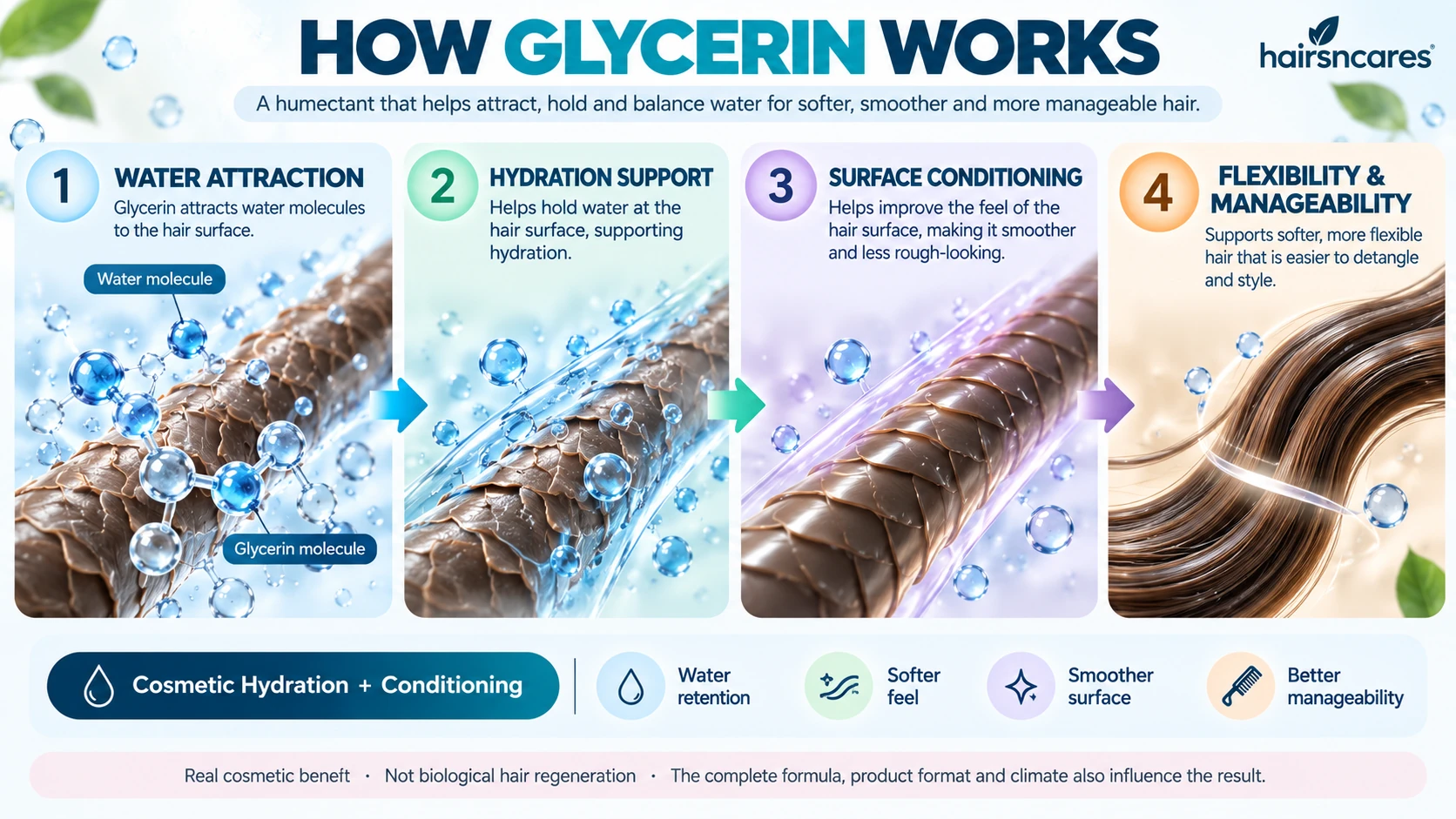 How Glycerin Works for Hair – Water-Binding & Hydration Mechanism How glycerin works for hair through water attraction hydration support surface conditioning and improved flexibility and manageability