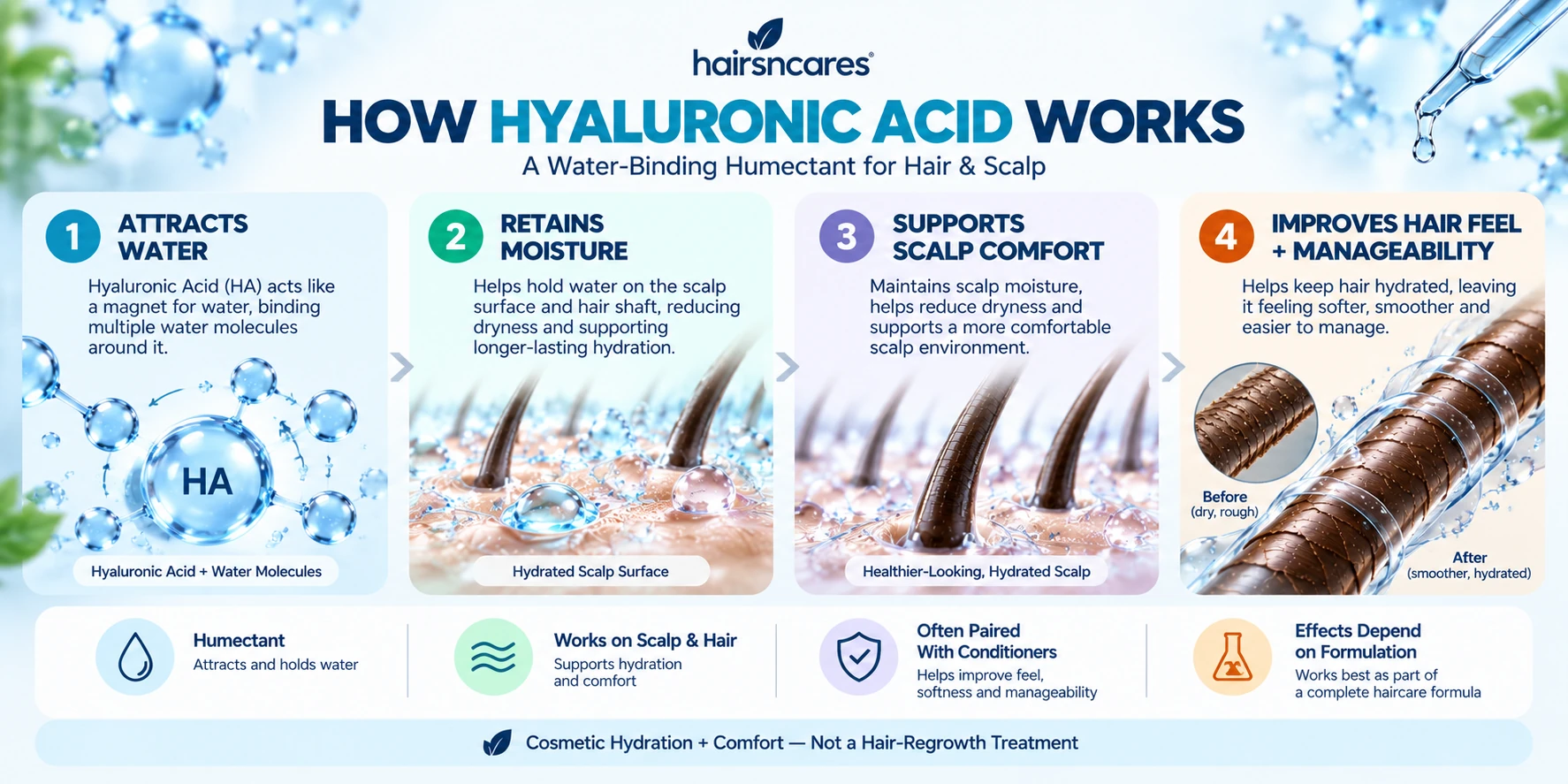 How hyaluronic acid works for hair and scalp through water attraction moisture retention scalp hydration and improved hair manageability