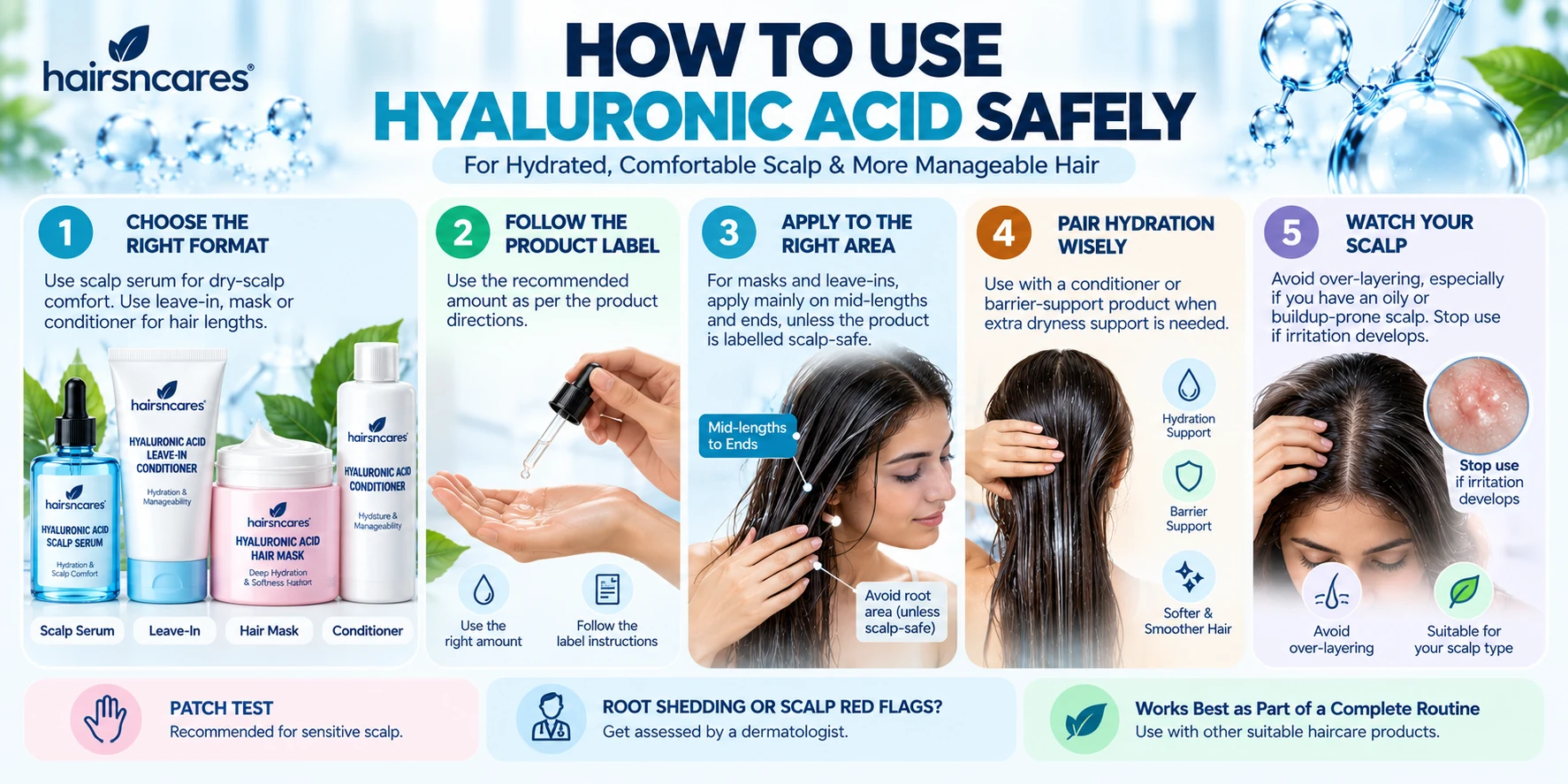 How to use hyaluronic acid for hair and scalp safely with scalp serum leave-in conditioner hair mask and conditioner