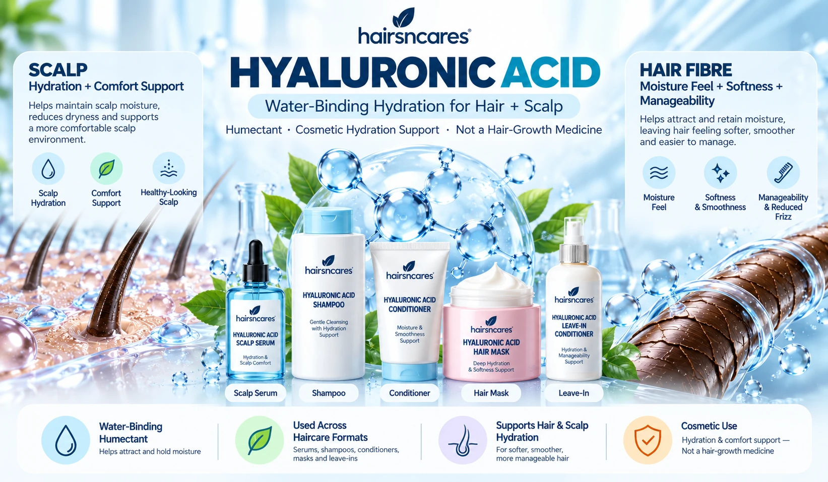 Hyaluronic acid for hair and scalp showing water-binding hydration support for scalp comfort softness and hair manageability