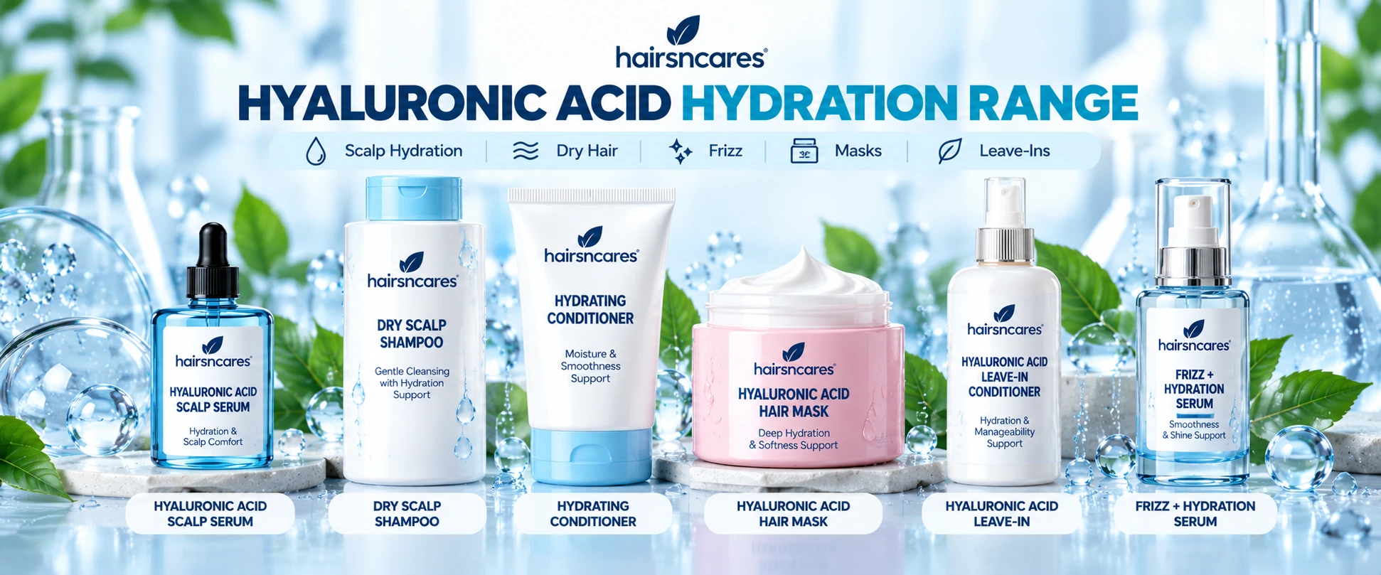 Hyaluronic acid hair products including scalp serum dry scalp shampoo hydrating conditioner hair mask leave-in conditioner and frizz hydration serum