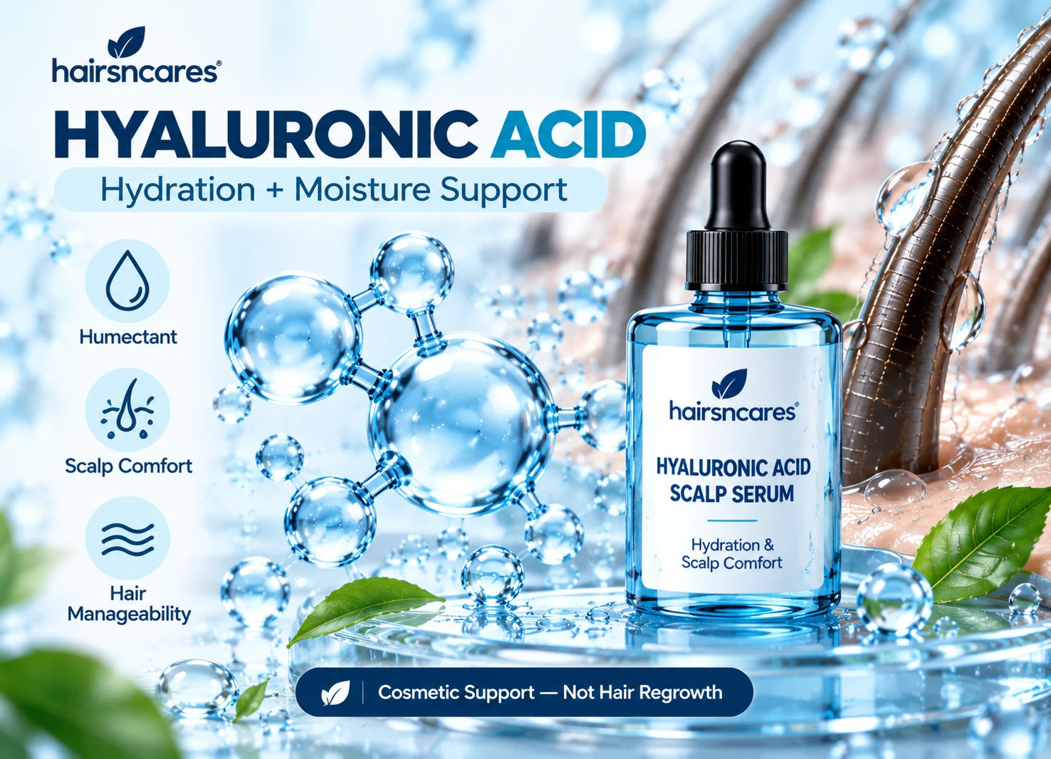 Hyaluronic acid hair and scalp hydration visual with HairsnCares scalp serum showing humectant scalp comfort and hair manageability support