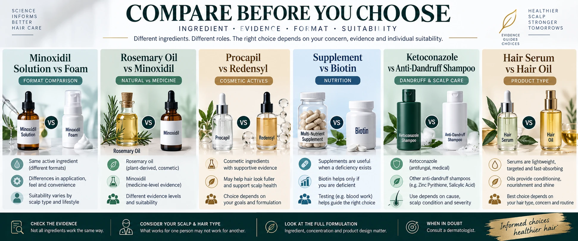 Haircare Ingredient Comparison — Evidence, Format & Suitability Haircare ingredient comparison of Minoxidil foam vs solution, rosemary oil vs Minoxidil, Procapil vs Redensyl, supplements vs biotin, ketoconazole shampoo and hair serum vs hair oil.