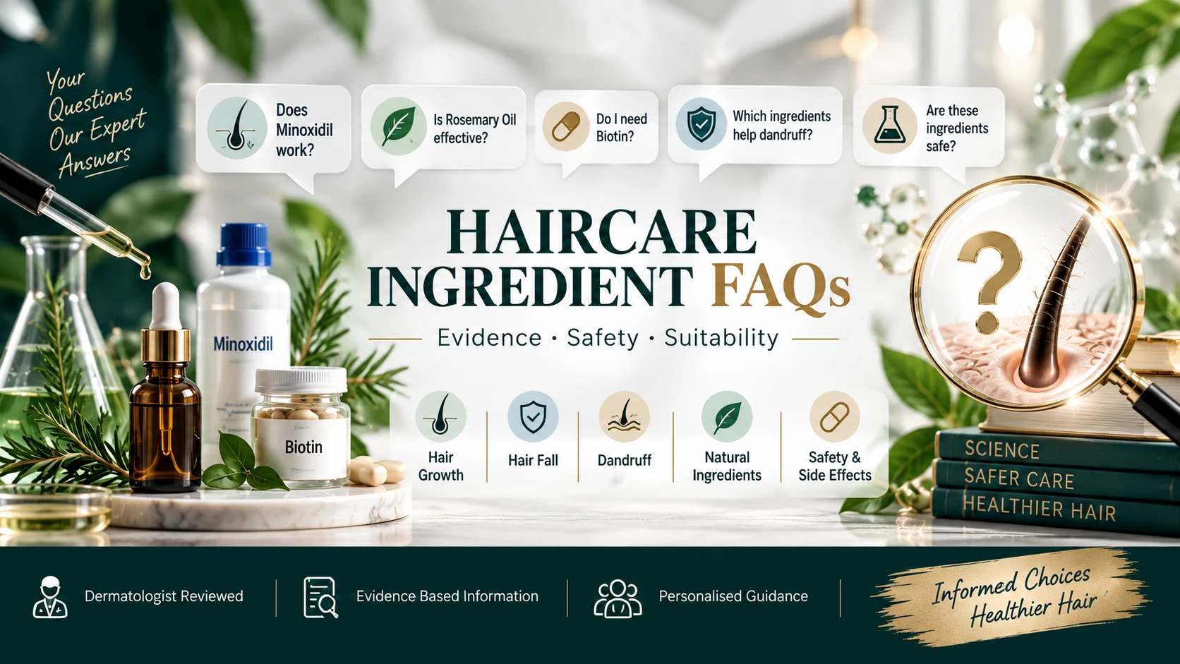 Haircare Ingredient FAQs — Evidence, Safety & Suitability Haircare ingredient FAQs covering Minoxidil, Biotin, rosemary oil, dandruff ingredients, hair growth evidence, safety and suitability.