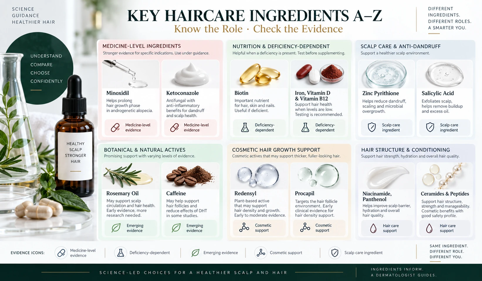 Haircare Ingredients A to Z — Key Ingredients, Roles & Evidence Haircare ingredients A to Z visual index featuring Minoxidil, Biotin, Rosemary Oil, Ketoconazole, Redensyl, Procapil, Caffeine, vitamins, scalp-care and cosmetic ingredients grouped by role and evidence.