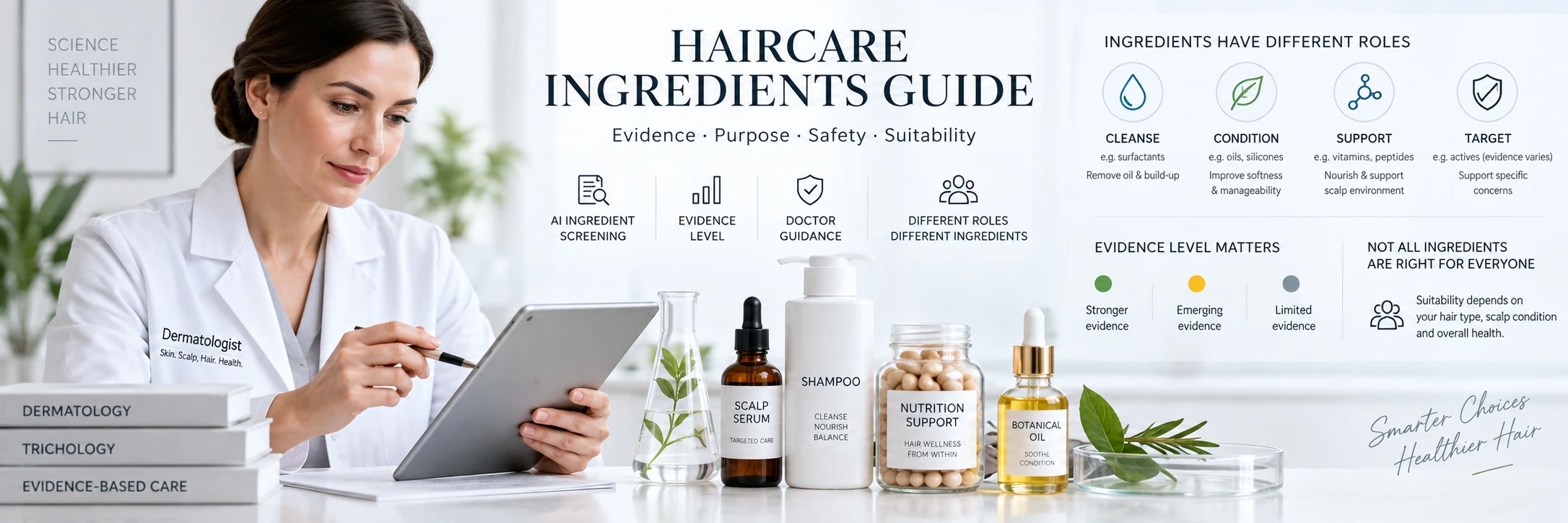 Haircare Ingredients Guide — Dermatologist-Reviewed Evidence, Safety & Suitability Dermatologist-reviewed haircare ingredients guide showing serum, shampoo, supplements and botanical oil with evidence, purpose, safety and suitability guidance.