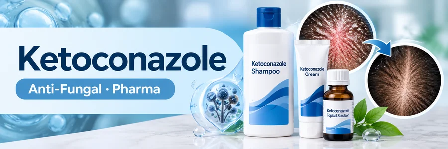 Ketoconazole antifungal shampoo, cream, and topical solution with labelled product bottles and scalp illustrations showing dandruff, flaking, and scalp care.