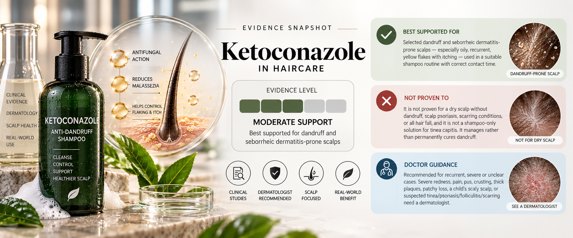 Evidence level snapshot for ketoconazole shampoo in dandruff and seborrheic dermatitis-prone scalp care