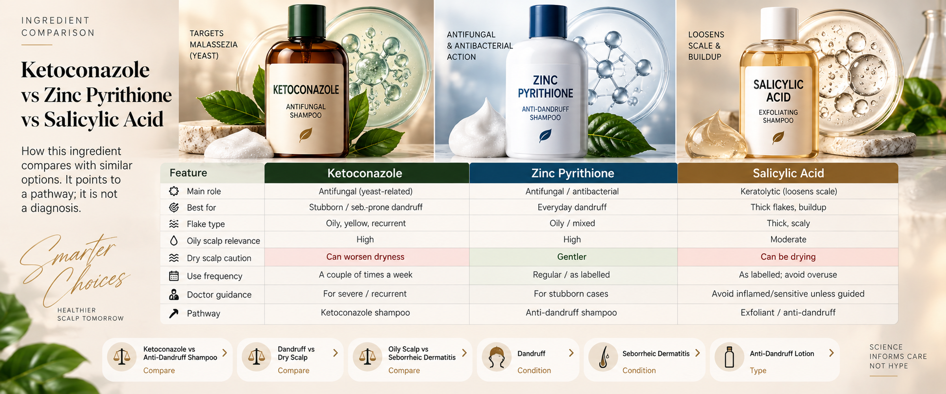 Ketoconazole vs zinc pyrithione vs salicylic acid comparison for dandruff oily scalp and thick flakes
