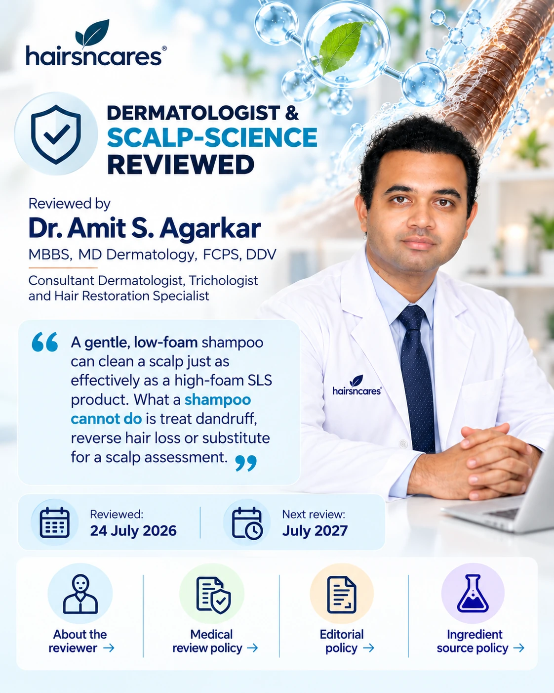 Dr. Amit S. Agarkar – Mild Surfactants & Scalp Science Medical Review Dr Amit S Agarkar dermatologist reviewing HairsnCares scalp science guidance on mild surfactants shampoo lather and scalp assessment