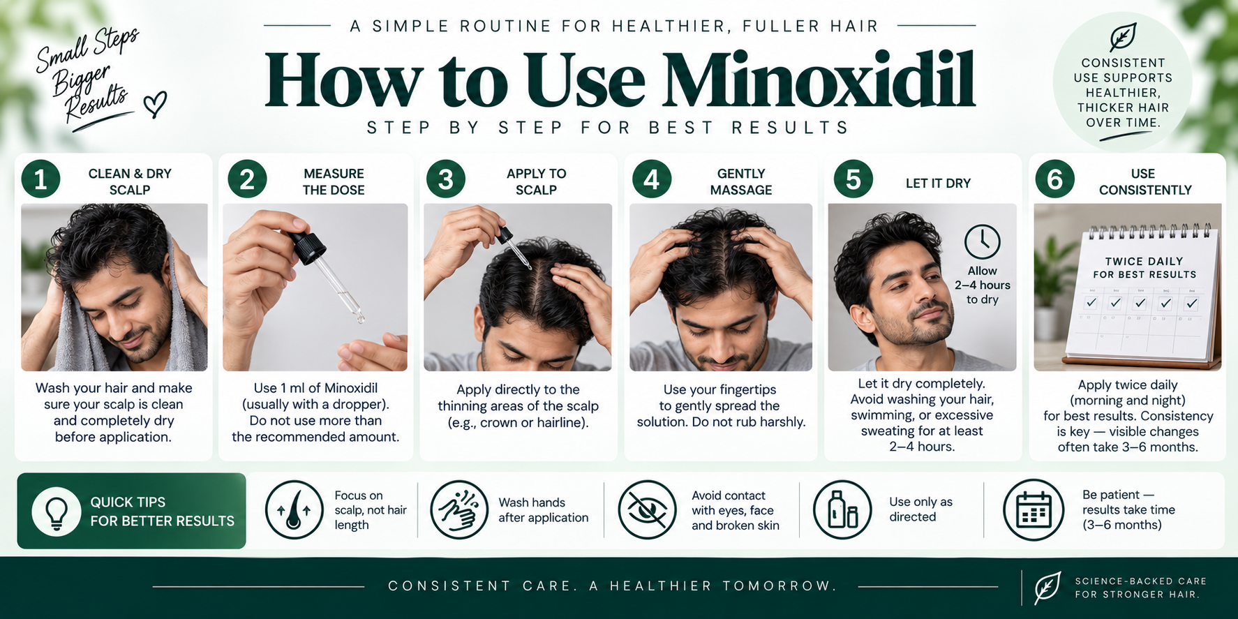 How to Use Minoxidil — Illustrated Steps How to use Minoxidil safely, step by step, with illustrated scalp application and usage guidance.