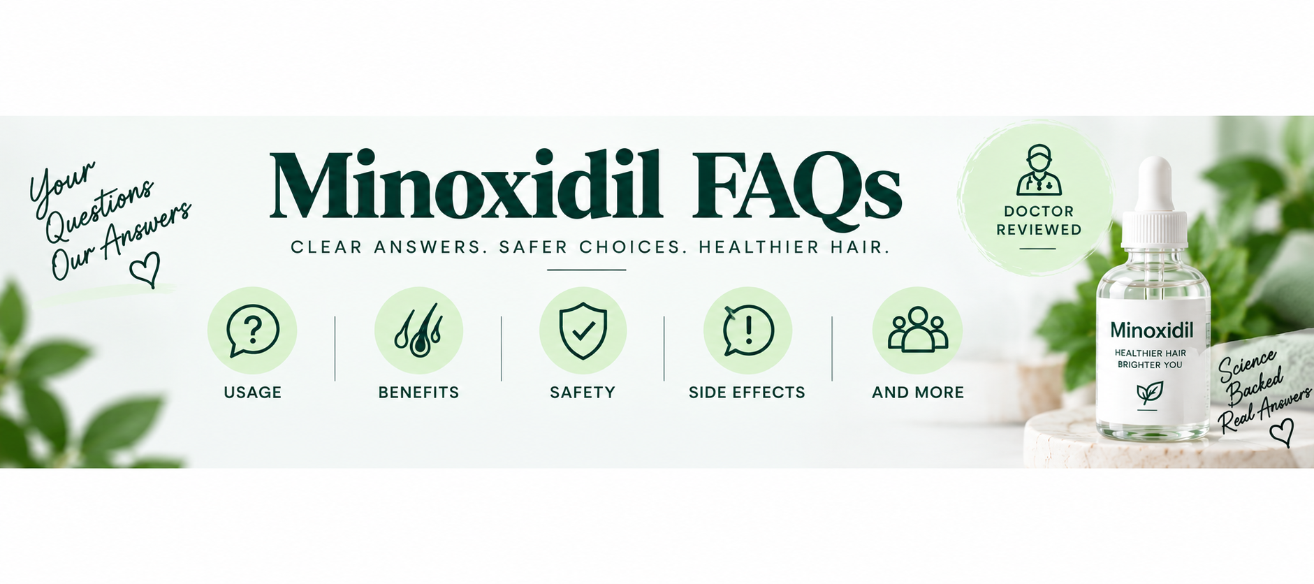 Minoxidil FAQs Minoxidil FAQs banner covering usage, benefits, safety, side effects, and common questions.