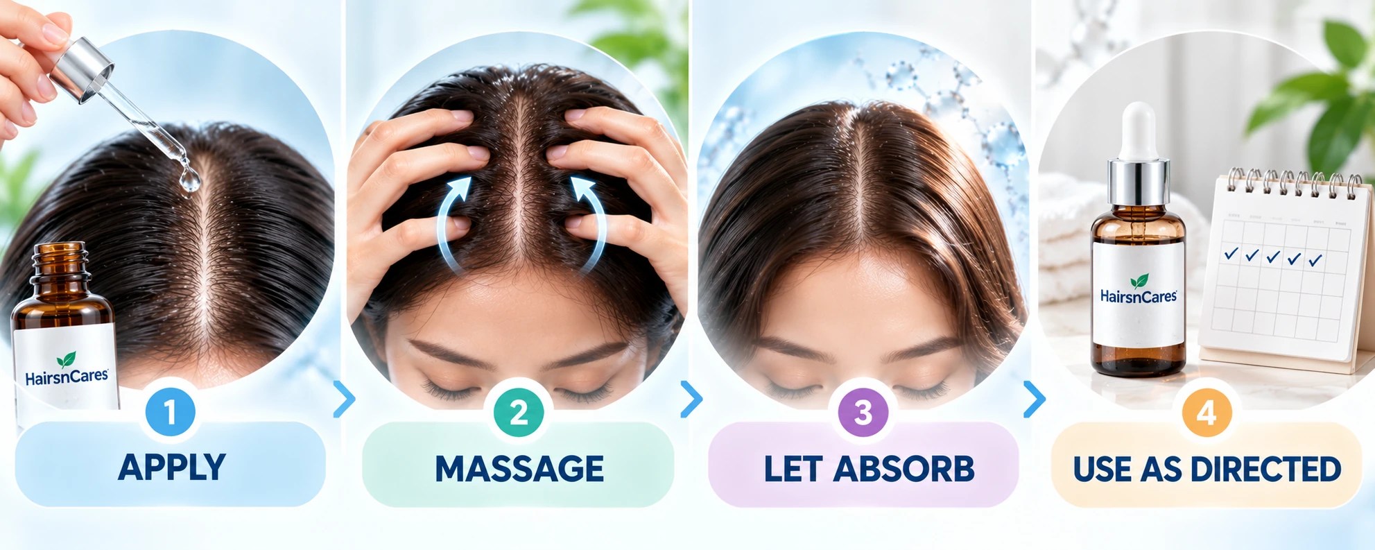 How to Use Niacinamide for Hair & Scalp How to use niacinamide scalp serum showing apply massage absorb and use as directed