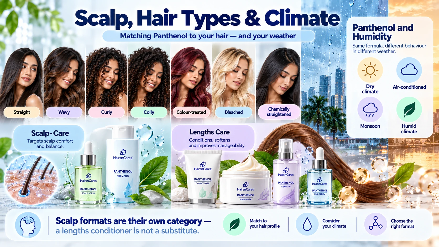 Panthenol by Hair Type, Scalp Profile & Climate Panthenol guide for different hair and scalp profiles showing product format choices across humid dry air-conditioned and monsoon climates