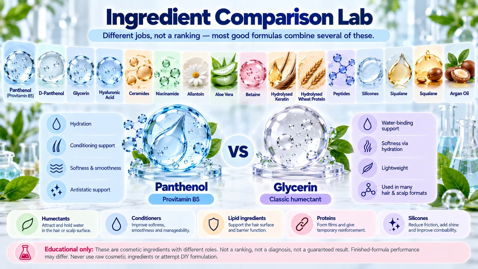 Panthenol Ingredient Comparison – Glycerin, Ceramides, Proteins & More Panthenol ingredient comparison with glycerin ceramides proteins hyaluronic acid peptides silicones and other haircare ingredients by cosmetic role